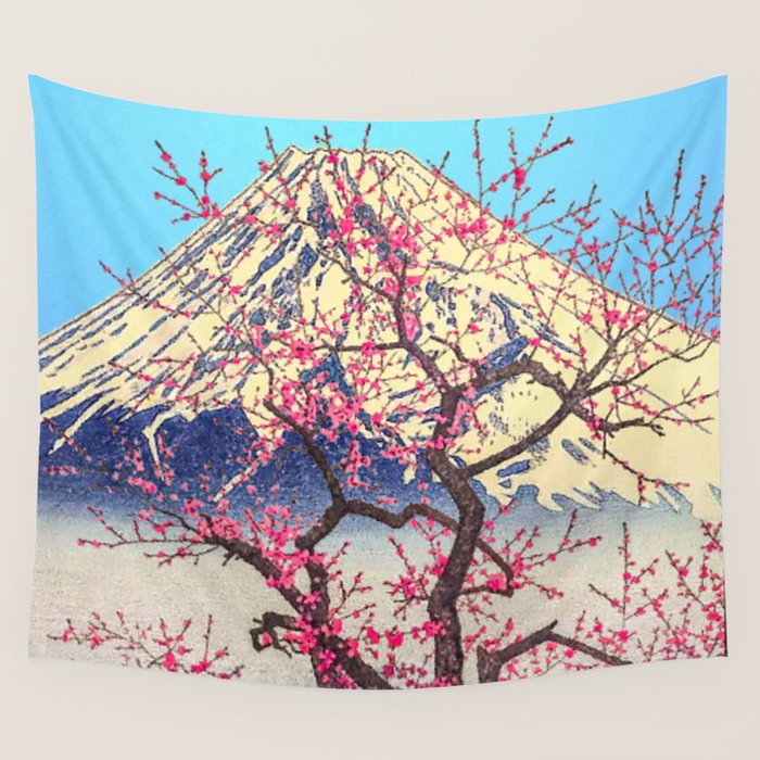 Growing before the Mountain-God - Summer Tree, Lake & Mountain Ukiyoe Nature Landscape in Blue & Pinkn Wall Tapestry Gallery Image 1