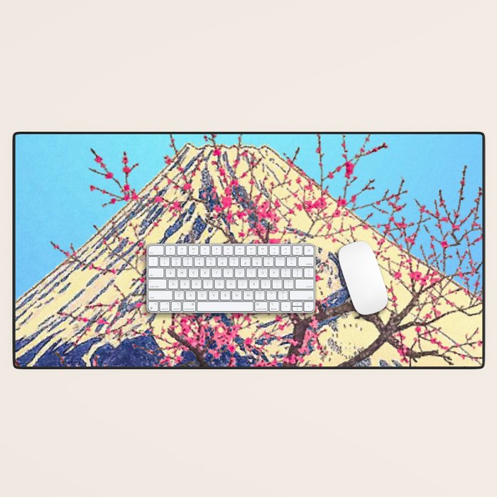 Growing before the Mountain-God - Summer Tree, Lake & Mountain Ukiyoe Nature Landscape in Blue & Pinkn Desk Mat Gallery Image 1