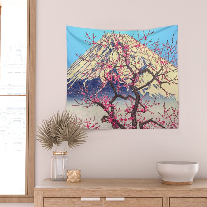 Growing before the Mountain-God - Summer Tree, Lake & Mountain Ukiyoe Nature Landscape in Blue & Pinkn Wall Tapestry Gallery Image 2