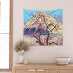 Growing before the Mountain-God - Summer Tree, Lake & Mountain Ukiyoe Nature Landscape in Blue & Pinkn Wall Tapestry Gallery Image 2