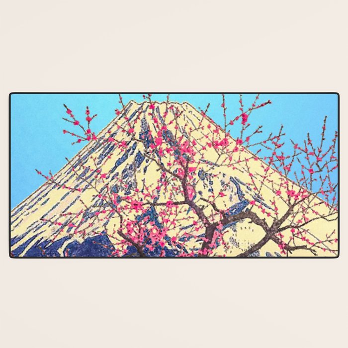 Growing before the Mountain-God - Summer Tree, Lake & Mountain Ukiyoe Nature Landscape in Blue & Pinkn Desk Mat Gallery Image 3