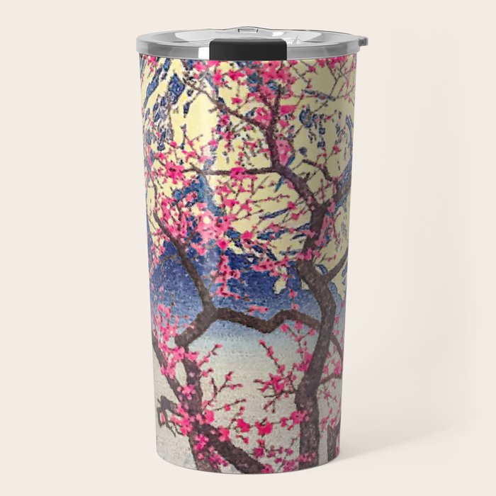 Growing before the Mountain-God - Summer Tree, Lake & Mountain Ukiyoe Nature Landscape in Blue & Pinkn Travel Mug Gallery Image 1