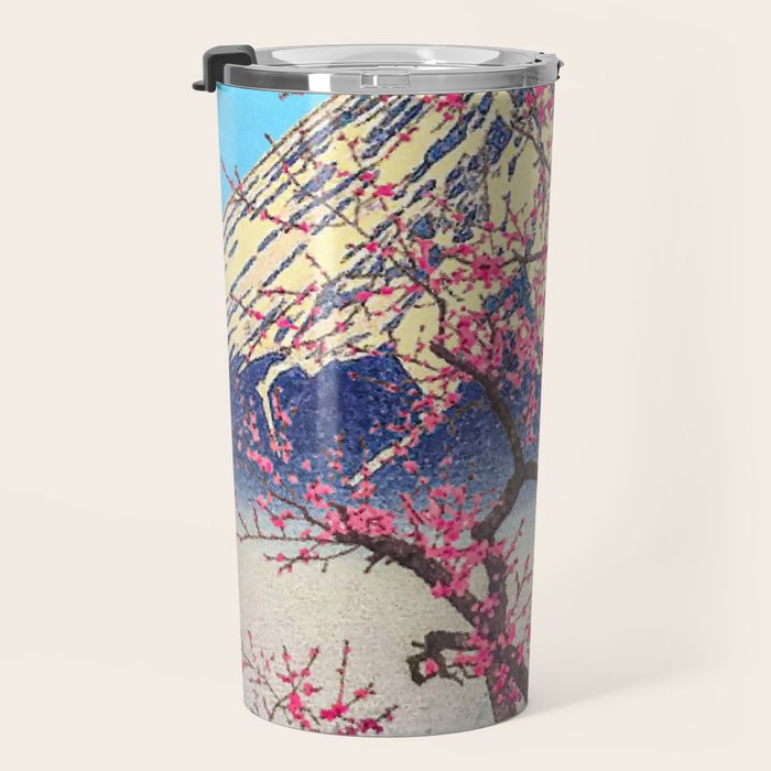Growing before the Mountain-God - Summer Tree, Lake & Mountain Ukiyoe Nature Landscape in Blue & Pinkn Travel Mug Gallery Image 3