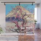Growing before the Mountain-God - Summer Tree, Lake & Mountain Ukiyoe Nature Landscape in Blue & Pinkn Wall Mural Gallery Image 1