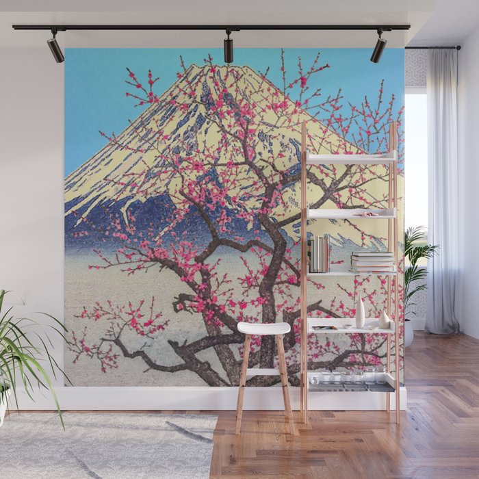 Growing before the Mountain-God - Summer Tree, Lake & Mountain Ukiyoe Nature Landscape in Blue & Pinkn Wall Mural Gallery Image 1