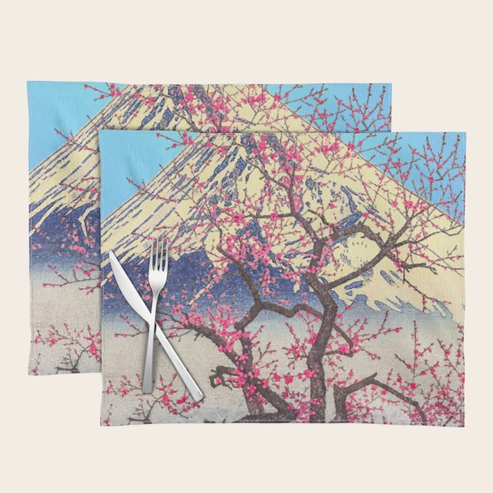 Growing before the Mountain-God - Summer Tree, Lake & Mountain Ukiyoe Nature Landscape in Blue & Pinkn Placemat Gallery Image 1
