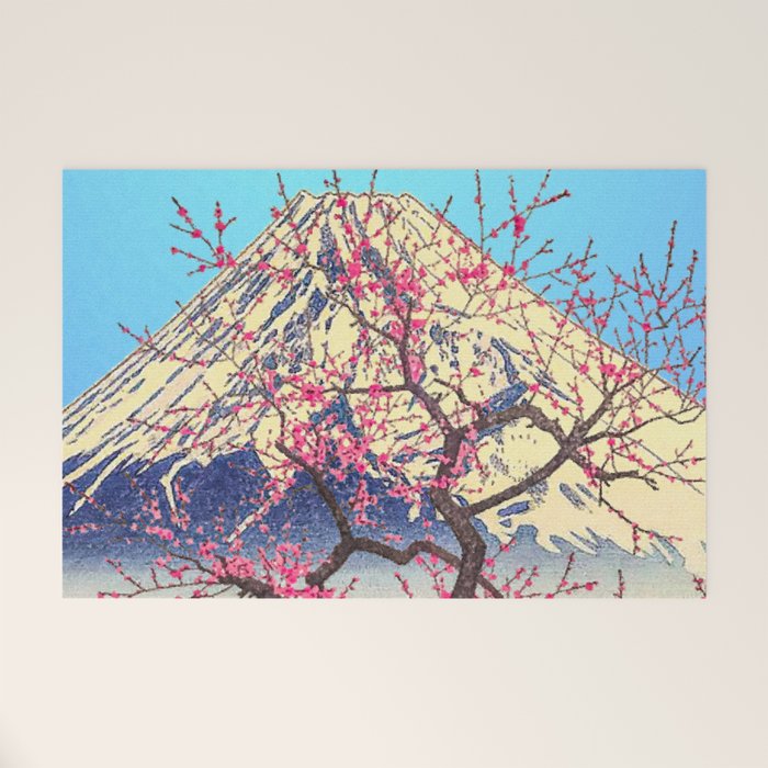 Growing before the Mountain-God - Summer Tree, Lake & Mountain Ukiyoe Nature Landscape in Blue & Pinkn Welcome Mat Gallery Image 1
