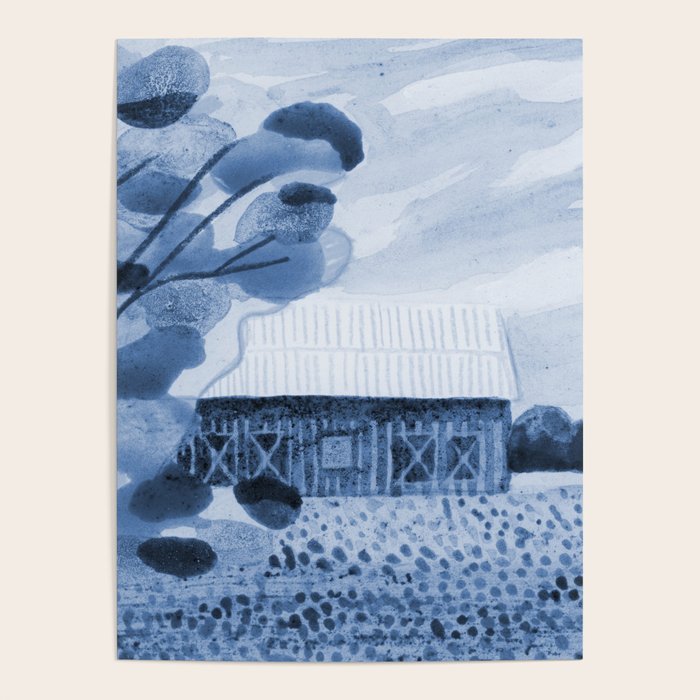 Rustic Country Barn Painting in Navy Blue Poster Gallery Image 1