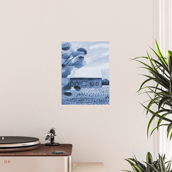 Rustic Country Barn Painting in Navy Blue Poster Gallery Image 2