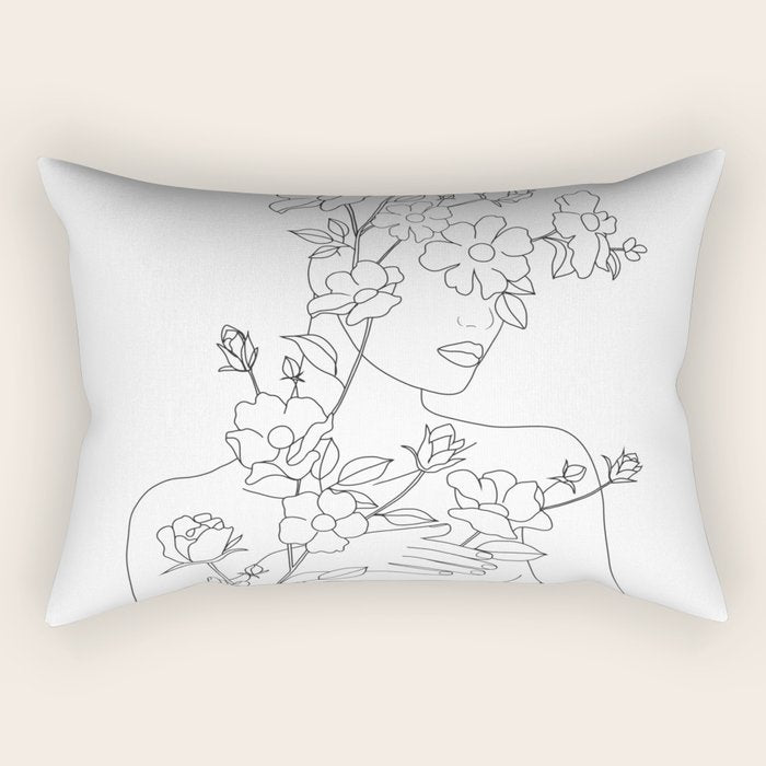 Minimal Line Art Woman with Wild Roses Rectangular Pillow Gallery Image 2