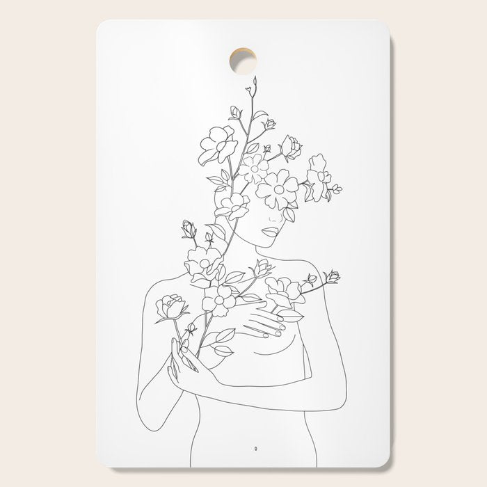 Minimal Line Art Woman with Wild Roses Cutting Board Gallery Image 1