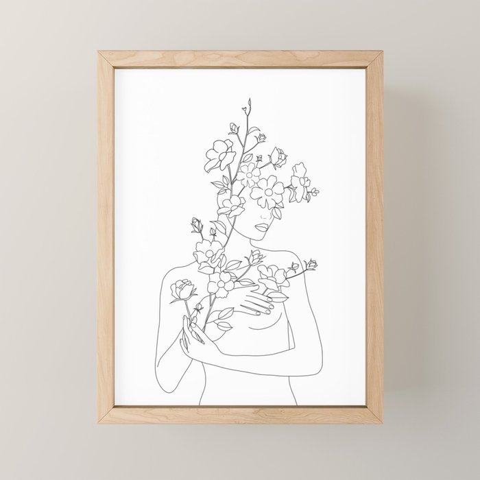 Minimal Line Art Woman with Wild Roses Mini Art Print Gallery Image 1
