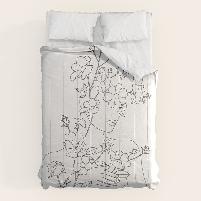 Minimal Line Art Woman with Wild Roses Comforter Gallery Image 1