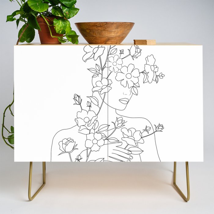 Minimal Line Art Woman with Wild Roses Credenza Gallery Image 1