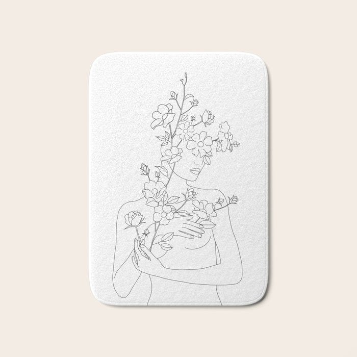 Minimal Line Art Woman with Wild Roses Bath Mat Gallery Image 1