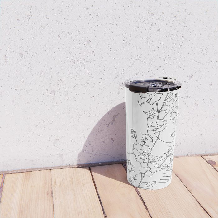 Minimal Line Art Woman with Wild Roses Travel Mug Gallery Image 4