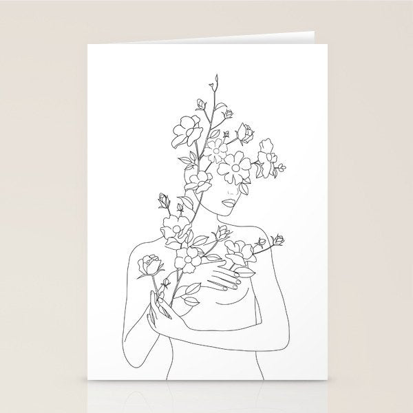 Minimal Line Art Woman with Wild Roses Stationery Card Gallery Image 1