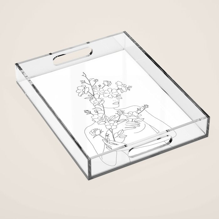 Minimal Line Art Woman with Wild Roses Acrylic Tray Gallery Image 1