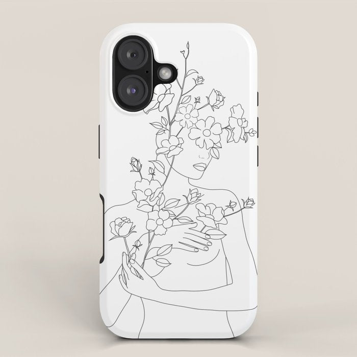 Minimal Line Art Woman with Wild Roses iPhone Case Gallery Image 1
