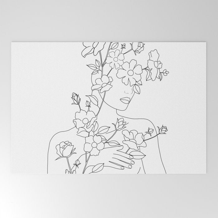 Minimal Line Art Woman with Wild Roses Welcome Mat Gallery Image 2