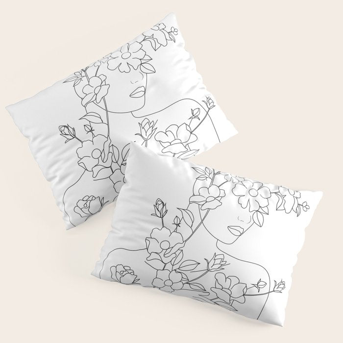 Minimal Line Art Woman with Wild Roses Pillow Sham Gallery Image 3