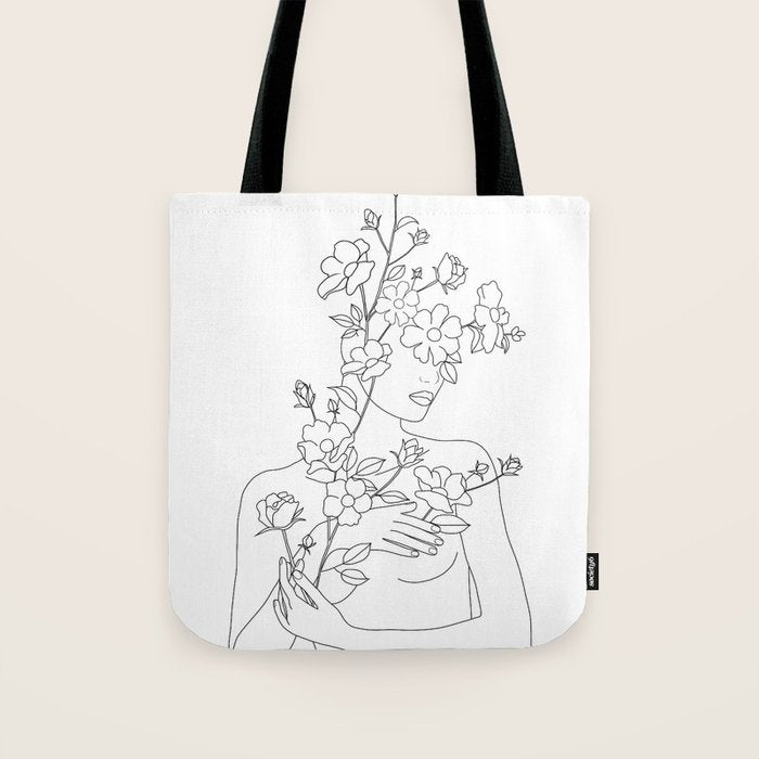 Minimal Line Art Woman with Wild Roses Tote Bag Gallery Image 1