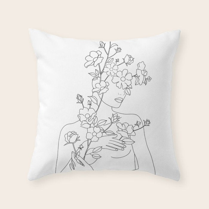 Minimal Line Art Woman with Wild Roses Throw Pillow Gallery Image 1