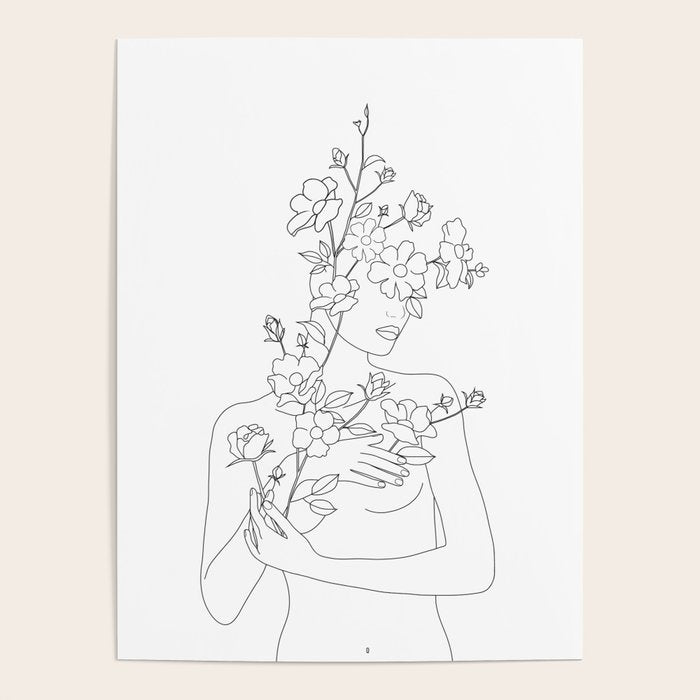 Minimal Line Art Woman with Wild Roses Poster Gallery Image 1