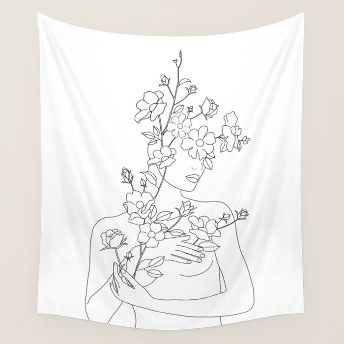 Minimal Line Art Woman with Wild Roses Wall Tapestry Gallery Image 1