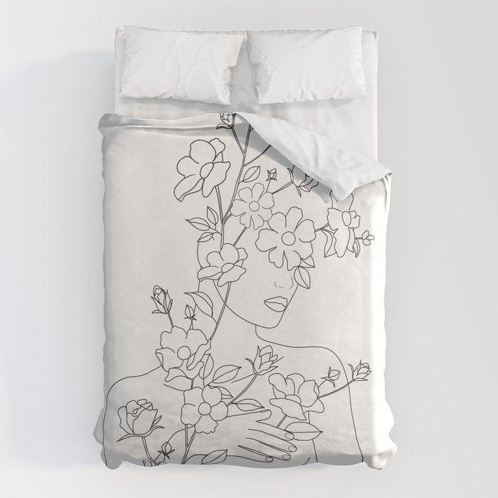 Minimal Line Art Woman with Wild Roses Duvet Cover Gallery Image 1