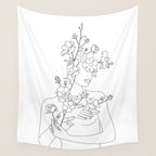 Minimal Line Art Woman with Wild Roses Wall Tapestry Gallery Image 4