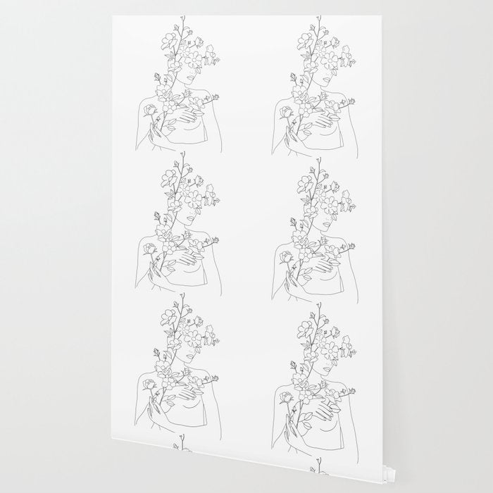 Minimal Line Art Woman with Wild Roses Wallpaper Gallery Image 2