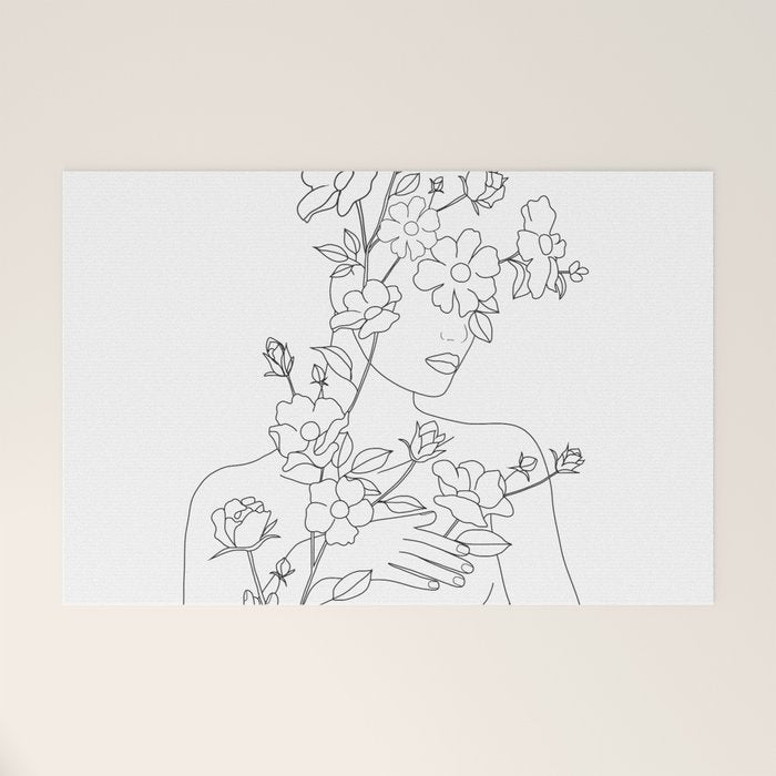 Minimal Line Art Woman with Wild Roses Welcome Mat Gallery Image 1
