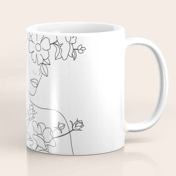 Minimal Line Art Woman with Wild Roses Coffee Mug Gallery Image 1