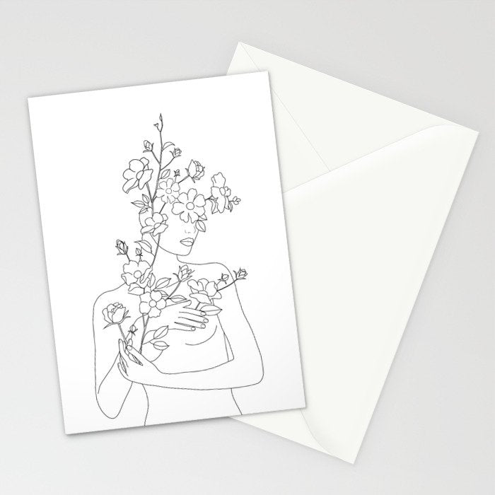 Minimal Line Art Woman with Wild Roses Stationery Card Gallery Image 2
