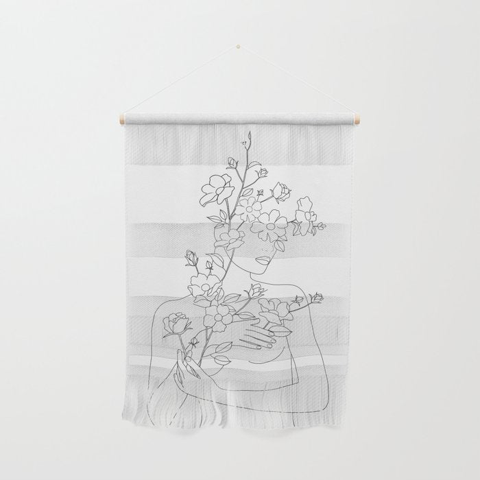 Minimal Line Art Woman with Wild Roses Wall Hanging Gallery Image 1