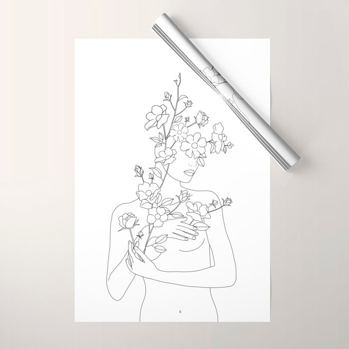 Minimal Line Art Woman with Wild Roses Wrapping Paper Gallery Image 1