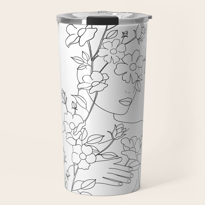 Minimal Line Art Woman with Wild Roses Travel Mug Gallery Image 1