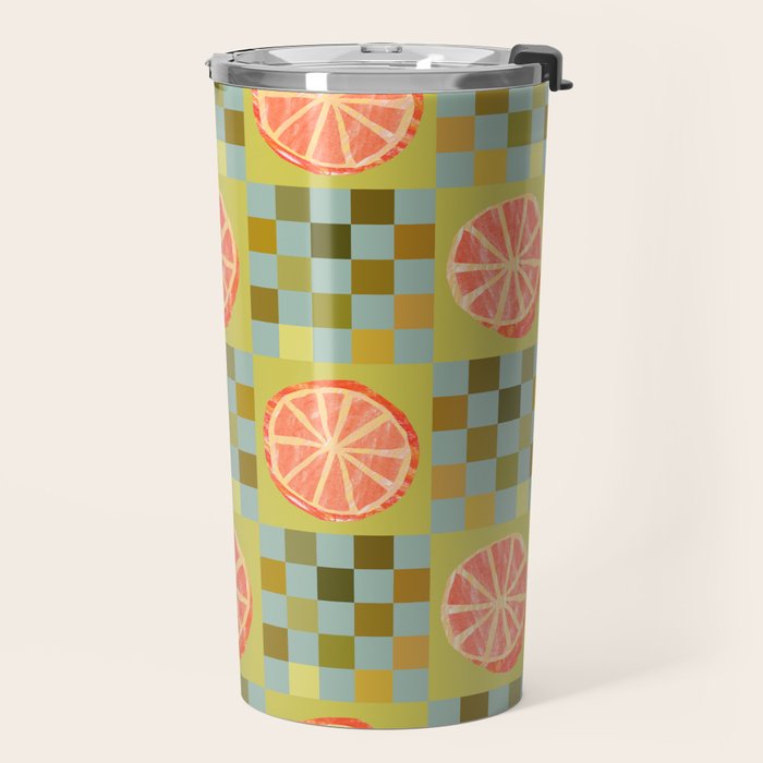 Checkered Citrus Fruit in Sage & Orange Travel Mug Gallery Image 2