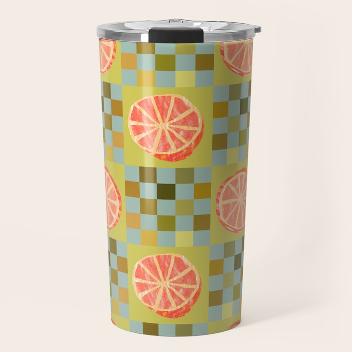 Checkered Citrus Fruit in Sage & Orange Travel Mug Gallery Image 1