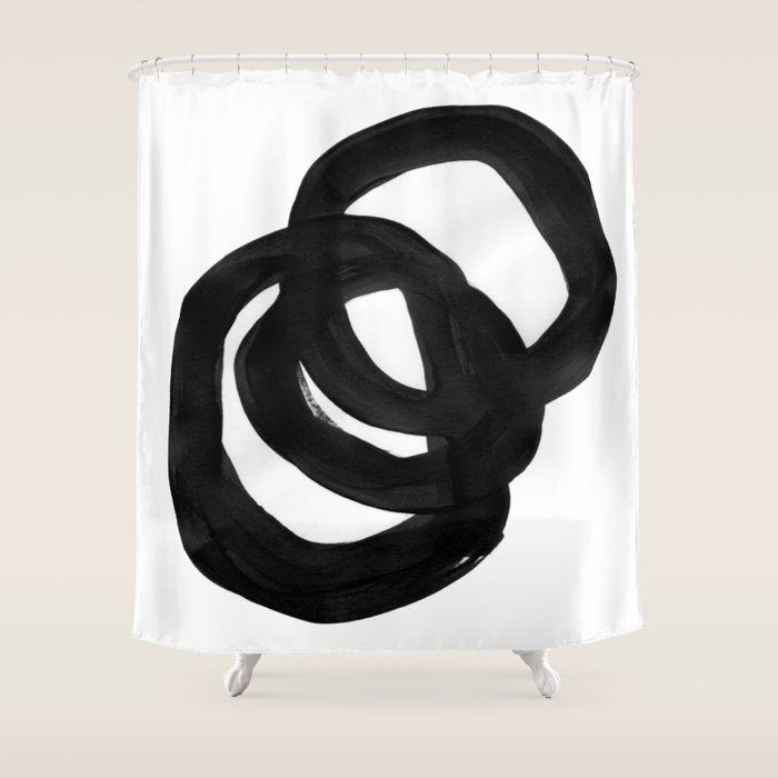 Black & White Minimalist Ink Tribal Mid Century Pattern Dark Painting Pattern Shower Curtain Gallery Image 1