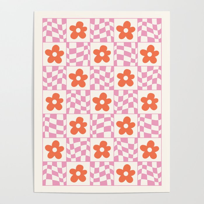 Orange Flower Pink & White Warped Double Checker Poster Gallery Image 4