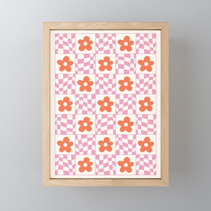 Orange Flower Pink & White Warped Double Checker Mini Art Print Gallery Image 1
