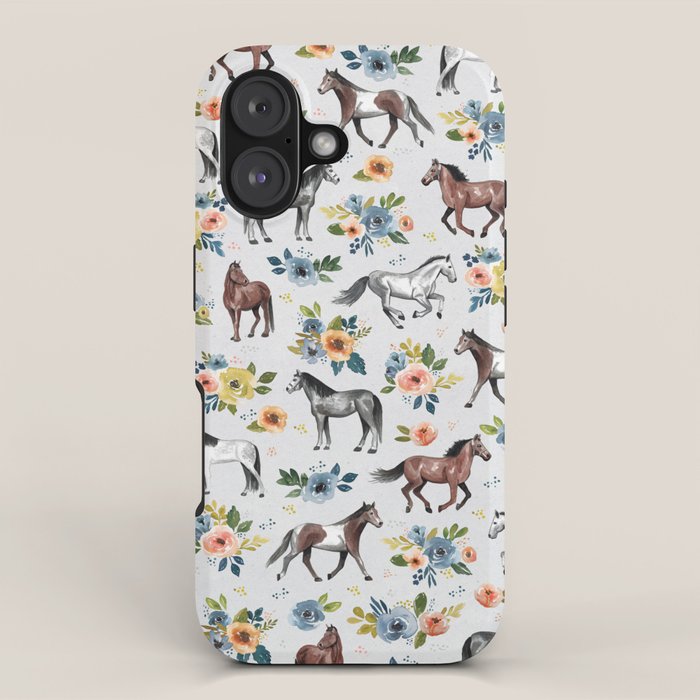 Horses and Flowers Pattern, Floral Horses, Hand-Painted, Horse Love, Watercolor, For Girls iPhone Case Gallery Image 1