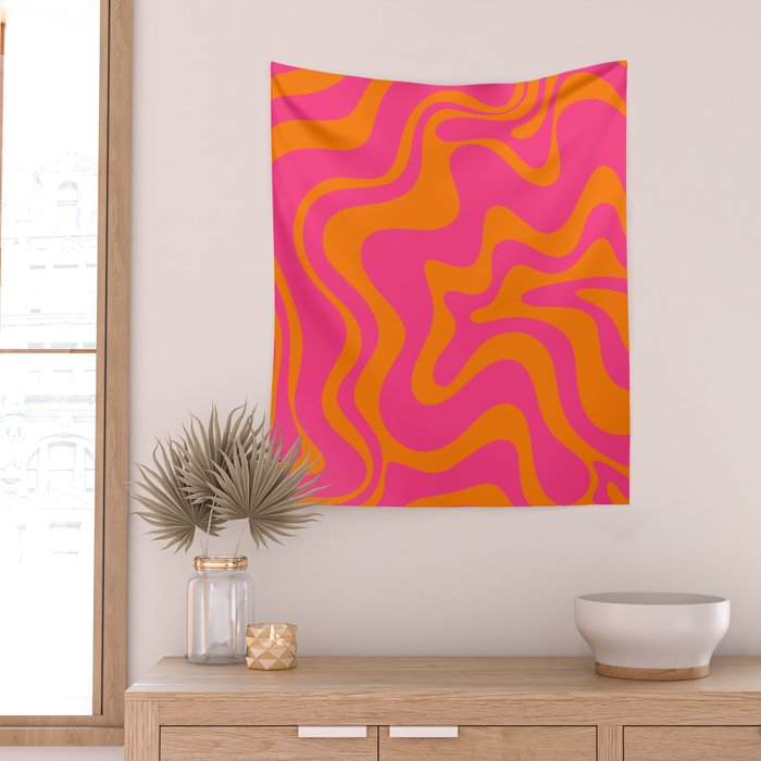 Retro Liquid Swirl Abstract Pattern Hot Pink & Orange Wall Tapestry Gallery Image 2