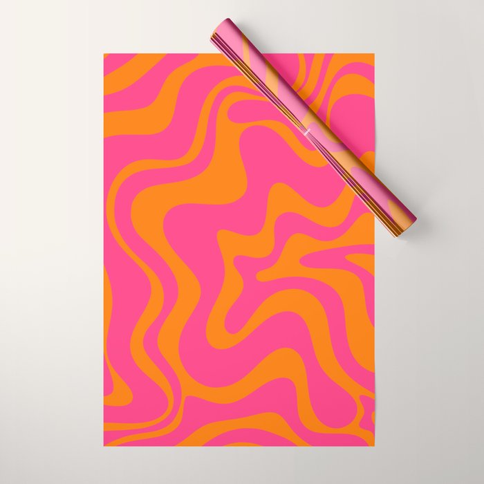 Retro Liquid Swirl Abstract Pattern Hot Pink & Orange Wrapping Paper Gallery Image 1