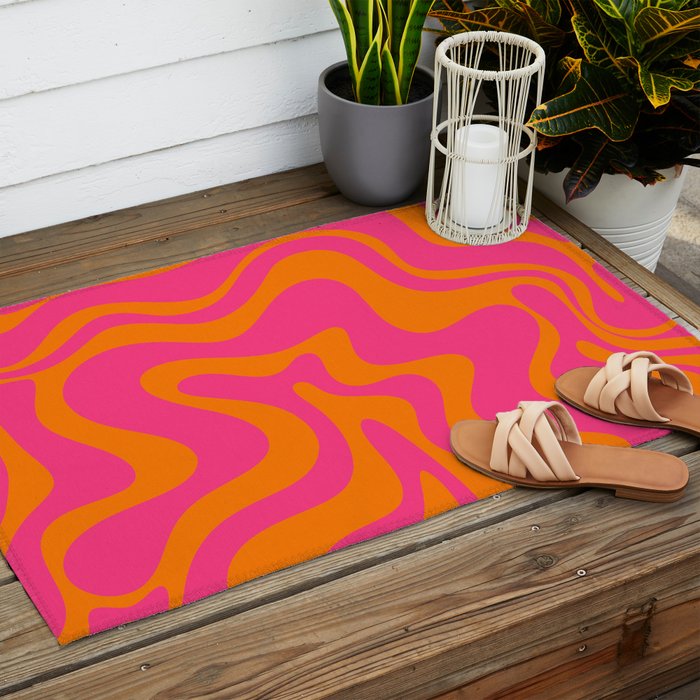 Retro Liquid Swirl Abstract Pattern Hot Pink & Orange Outdoor Rug Gallery Image 2