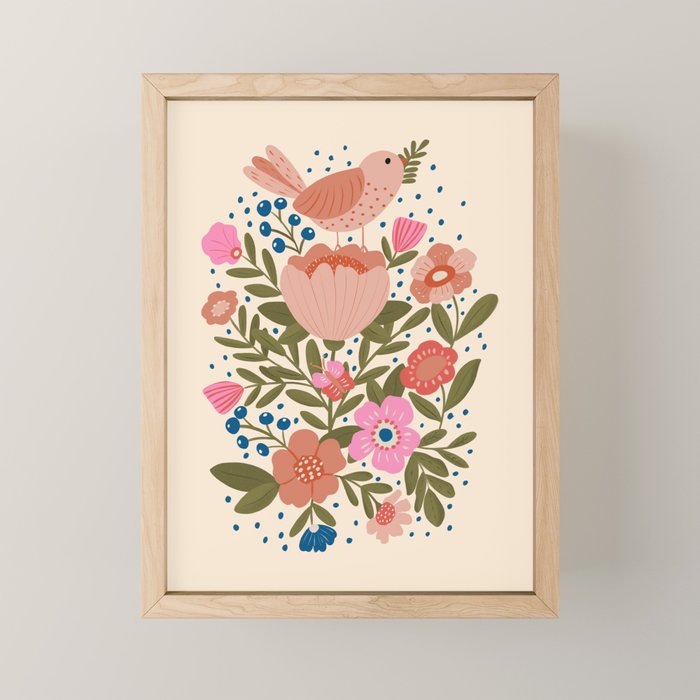 Folk Floral Bird  Mini Art Print Gallery Image 1