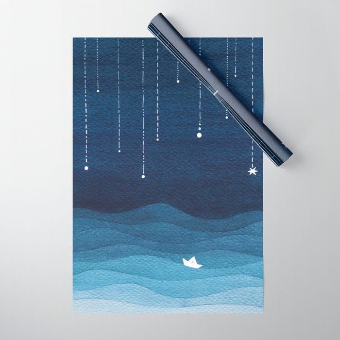 Falling stars, blue, sailboat, ocean Wrapping Paper Gallery Image 1