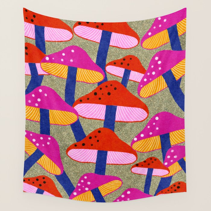 Red and Pink Mushroom print - Amsterdam Market Wall Tapestry Gallery Image 1